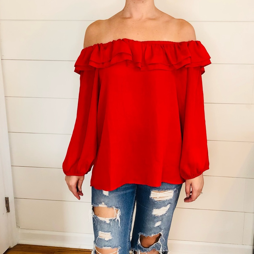 *SOLD* J. Crew Off the Shoulder Ruffle Red Blouse - Picture 2 of 8